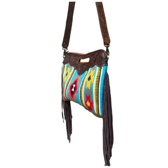 AMERICAN DARLING WESTERN COWGIRL BOHO SADDLE BLANKET TOOLED LEATHER BAG - Picture 1 of 5